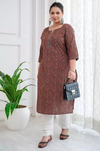 Rust  pure cotton printed kurti for women