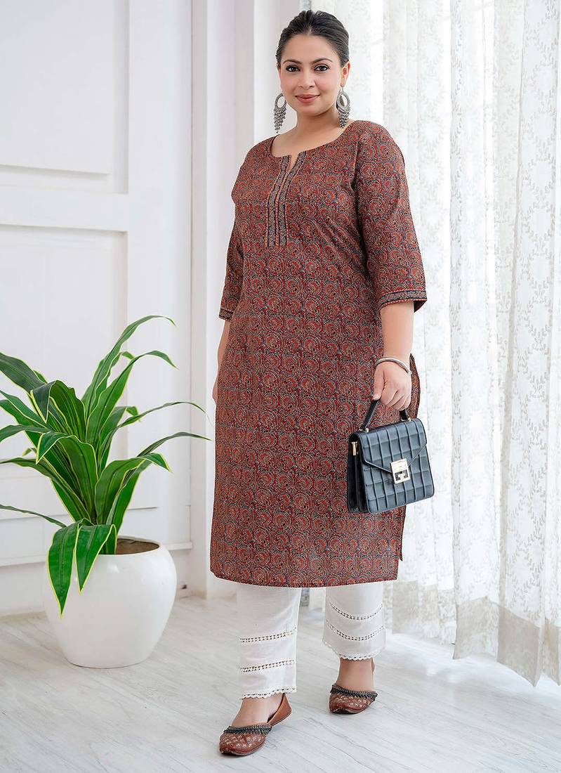 Rust  pure cotton printed kurti for women