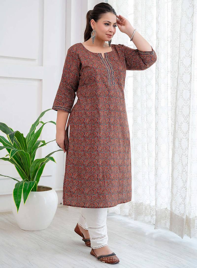 Rust  pure cotton printed kurti for women