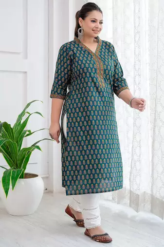 Green  pure cotton printed kurti for women