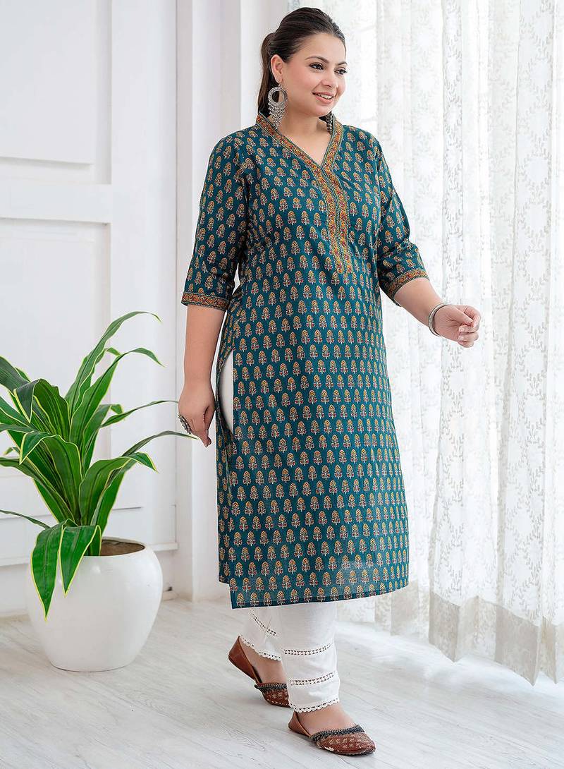 Green  pure cotton printed kurti for women