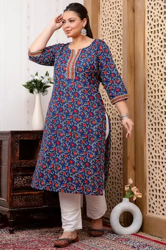 Blue  pure cotton printed kurti for women