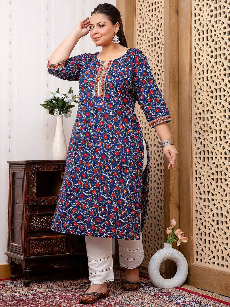Blue  pure cotton printed kurti for women