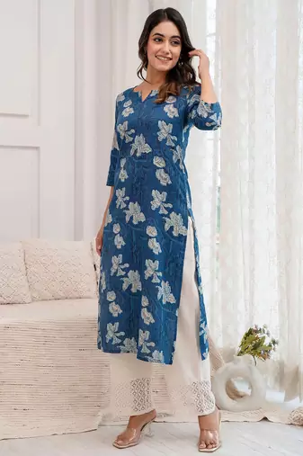 Blue  pure cotton printed kurti for women
