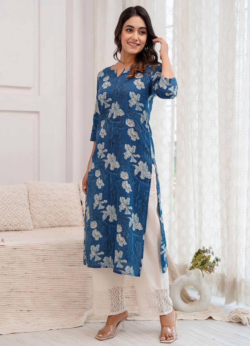 Blue  pure cotton printed kurti for women