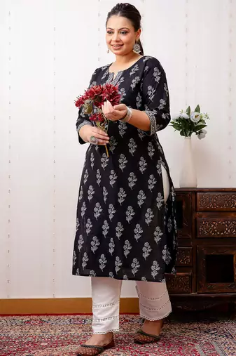 Black  pure cotton printed kurti for women
