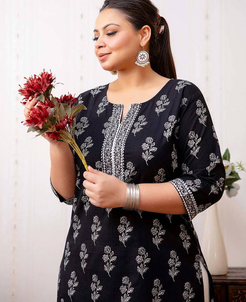 Black  pure cotton printed kurti for women