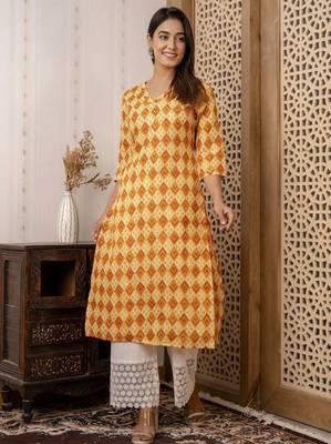 Yellow  pure cotton printed kurti for women 1