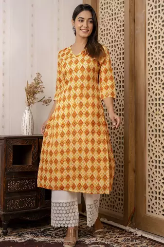 Yellow  pure cotton printed kurti for women