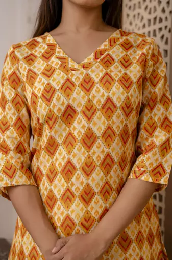 Yellow  pure cotton printed kurti for women
