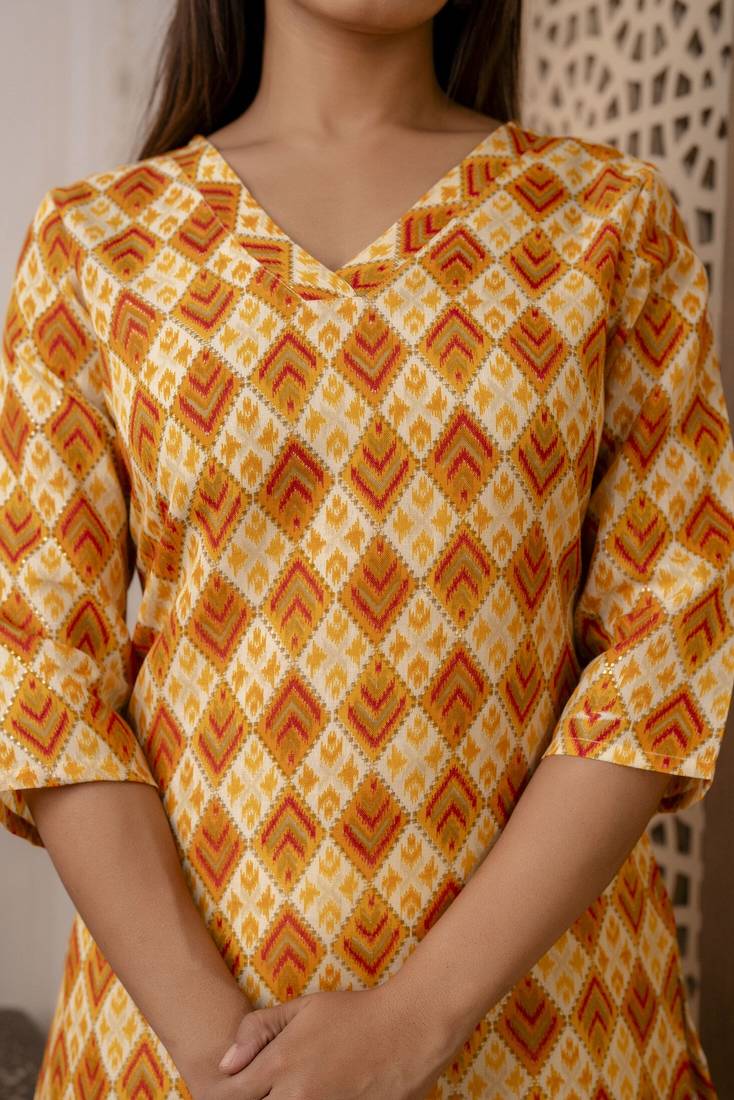 Yellow  pure cotton printed kurti for women