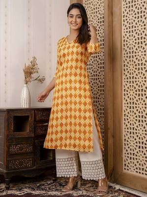 Yellow  pure cotton printed kurti for women 3