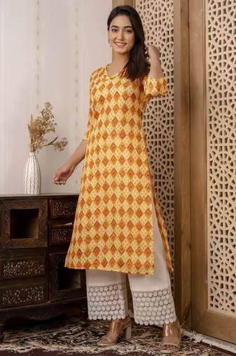 Yellow  pure cotton printed kurti for women
