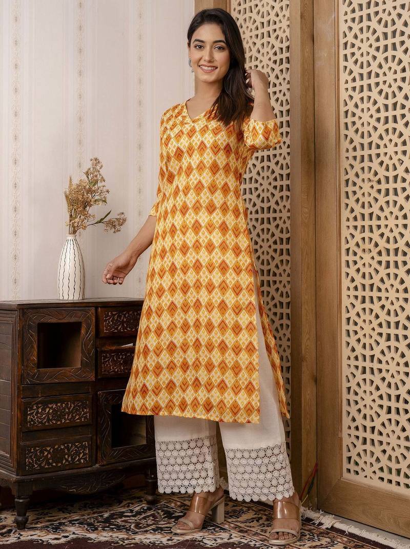Yellow  pure cotton printed kurti for women