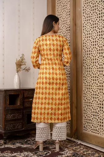 Yellow  pure cotton printed kurti for women