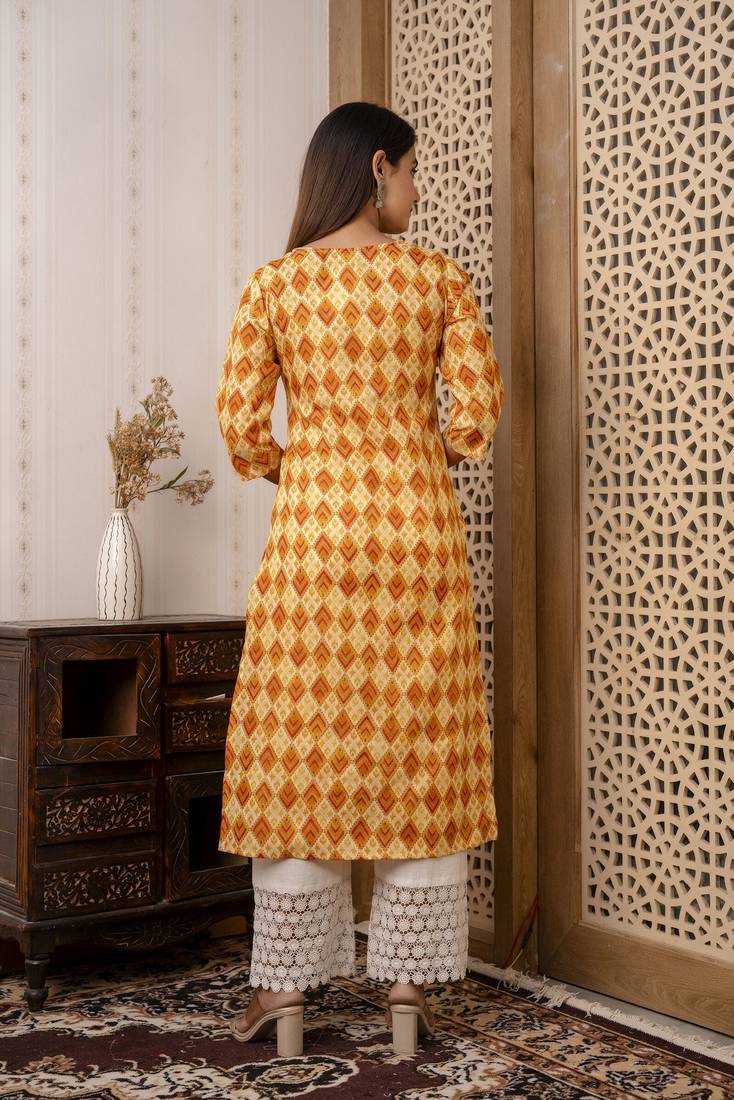 Yellow  pure cotton printed kurti for women