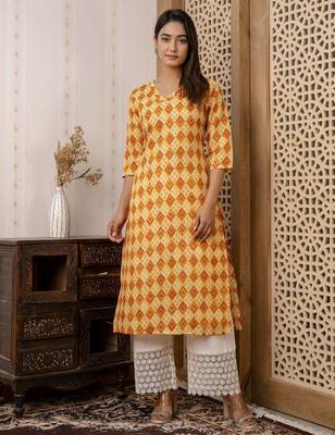 Yellow  pure cotton printed kurti for women 5