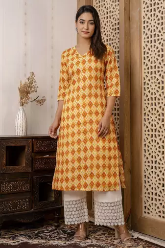 Yellow  pure cotton printed kurti for women