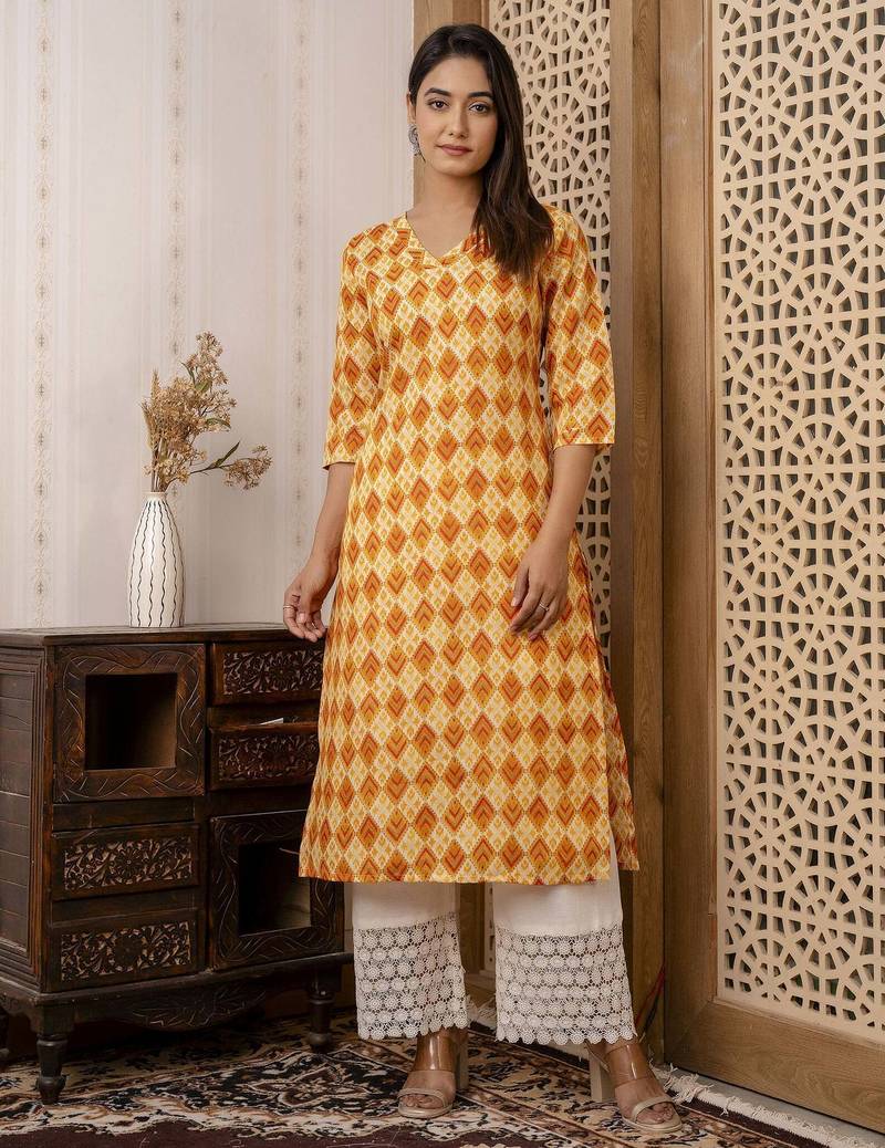 Yellow  pure cotton printed kurti for women