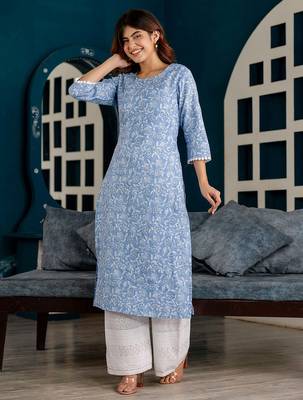 Blue  pure cotton printed kurti for women 1