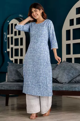 Blue  pure cotton printed kurti for women