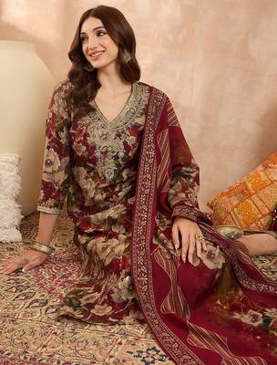 Women’s maroon silk blend floral embroidered kurta with trouser & dupatta 1