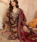 Women’s maroon silk blend floral embroidered kurta with trouser & dupatta