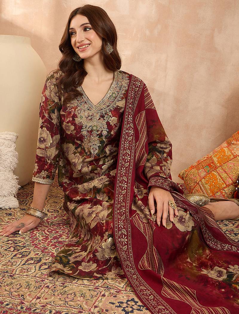 Women’s maroon silk blend floral embroidered kurta with trouser & dupatta