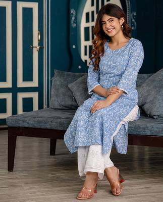 Blue  pure cotton printed kurti for women 2