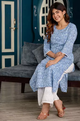 Blue  pure cotton printed kurti for women