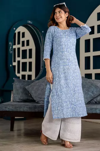 Blue  pure cotton printed kurti for women