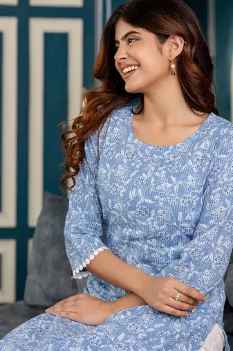 Blue  pure cotton printed kurti for women