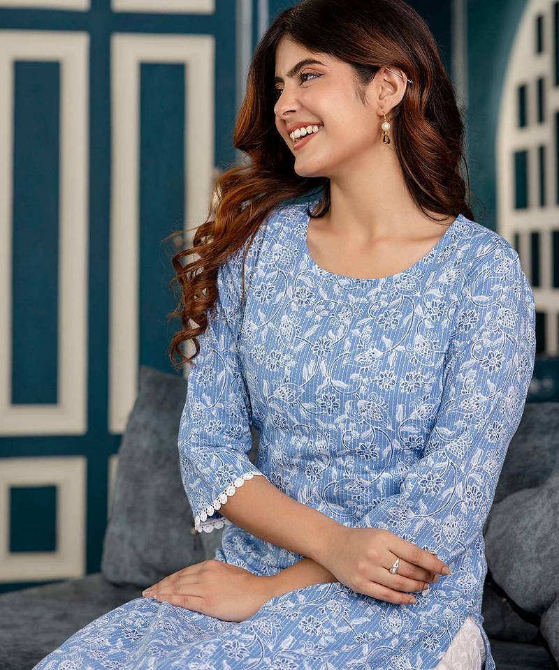 Blue  pure cotton printed kurti for women