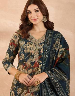 Women’s blue silk blend floral embroidered kurta with trouser & dupatta  2