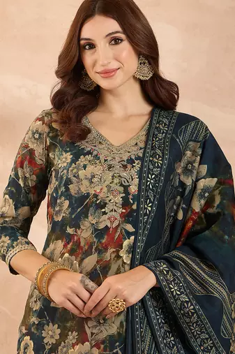 Women’s blue silk blend floral embroidered kurta with trouser & dupatta 