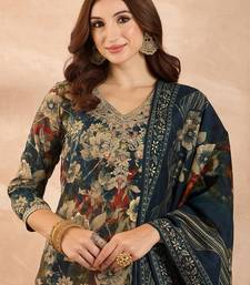 Women’s blue silk blend floral embroidered kurta with trouser & dupatta 