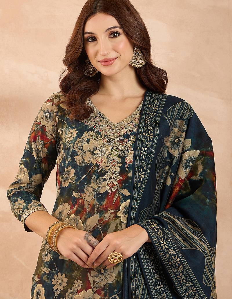 Women’s blue silk blend floral embroidered kurta with trouser & dupatta 