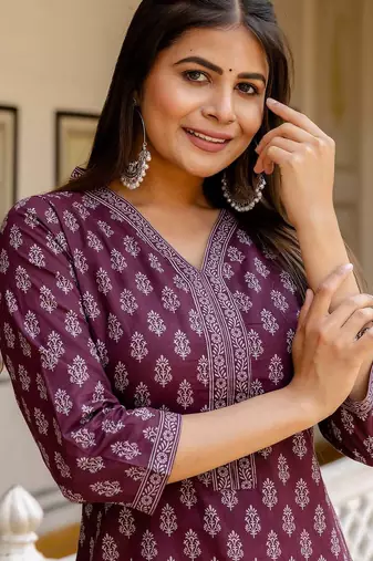 Burgundy  pure cotton printed kurti for women