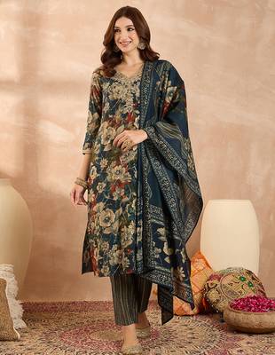 Women’s blue silk blend floral embroidered kurta with trouser & dupatta  1