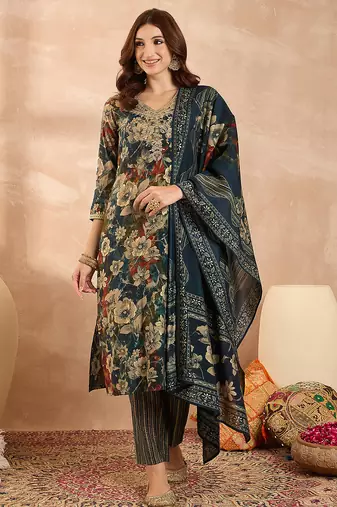Women’s blue silk blend floral embroidered kurta with trouser & dupatta 