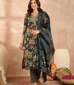 Women’s blue silk blend floral embroidered kurta with trouser & dupatta 