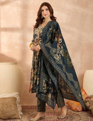 Women’s blue silk blend floral embroidered kurta with trouser & dupatta  3
