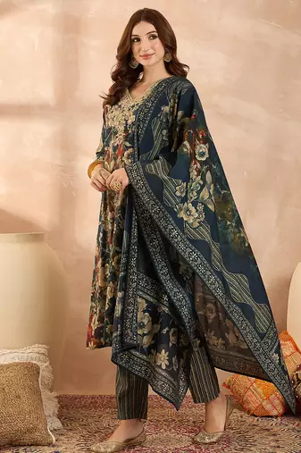 Women’s blue silk blend floral embroidered kurta with trouser & dupatta 