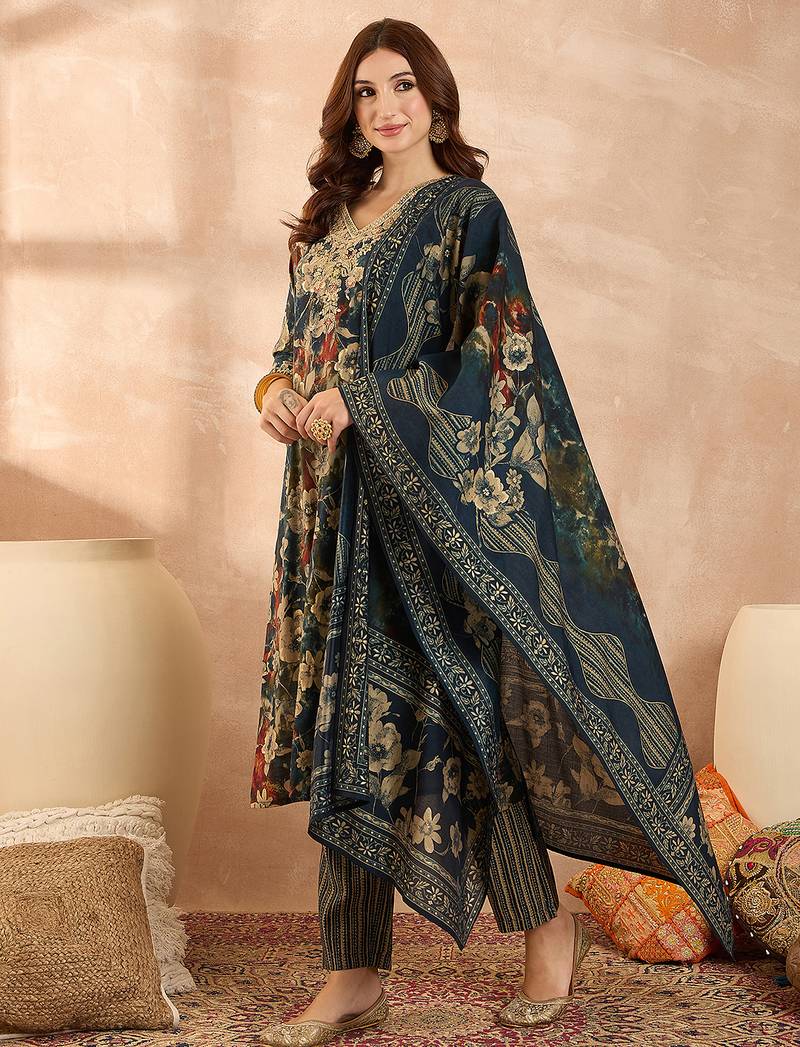 Women’s blue silk blend floral embroidered kurta with trouser & dupatta 
