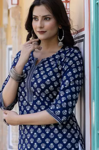 Blue  pure cotton printed kurti for women