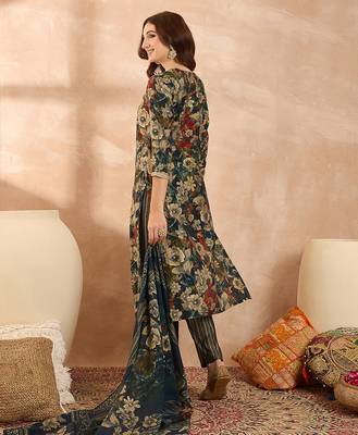 Women’s blue silk blend floral embroidered kurta with trouser & dupatta  4