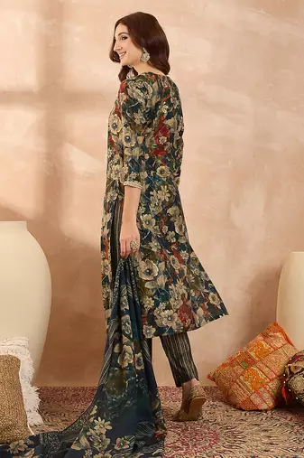 Women’s blue silk blend floral embroidered kurta with trouser & dupatta 