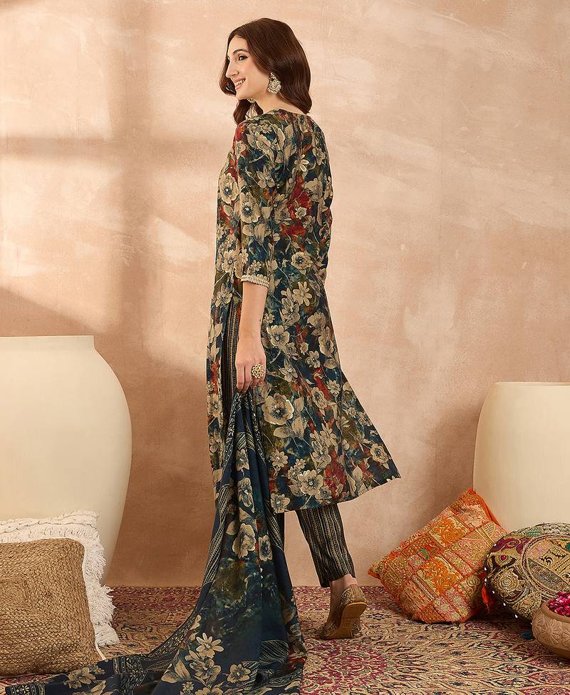 Women’s blue silk blend floral embroidered kurta with trouser & dupatta 