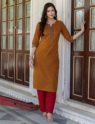 Mustard  pure cotton printed kurti for women 1
