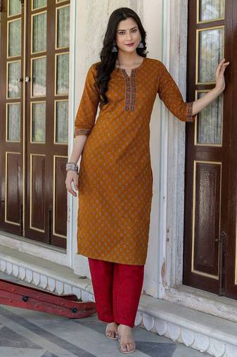 Mustard  pure cotton printed kurti for women